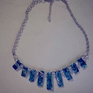 Chic Silver Tone and Blue Fan Necklace